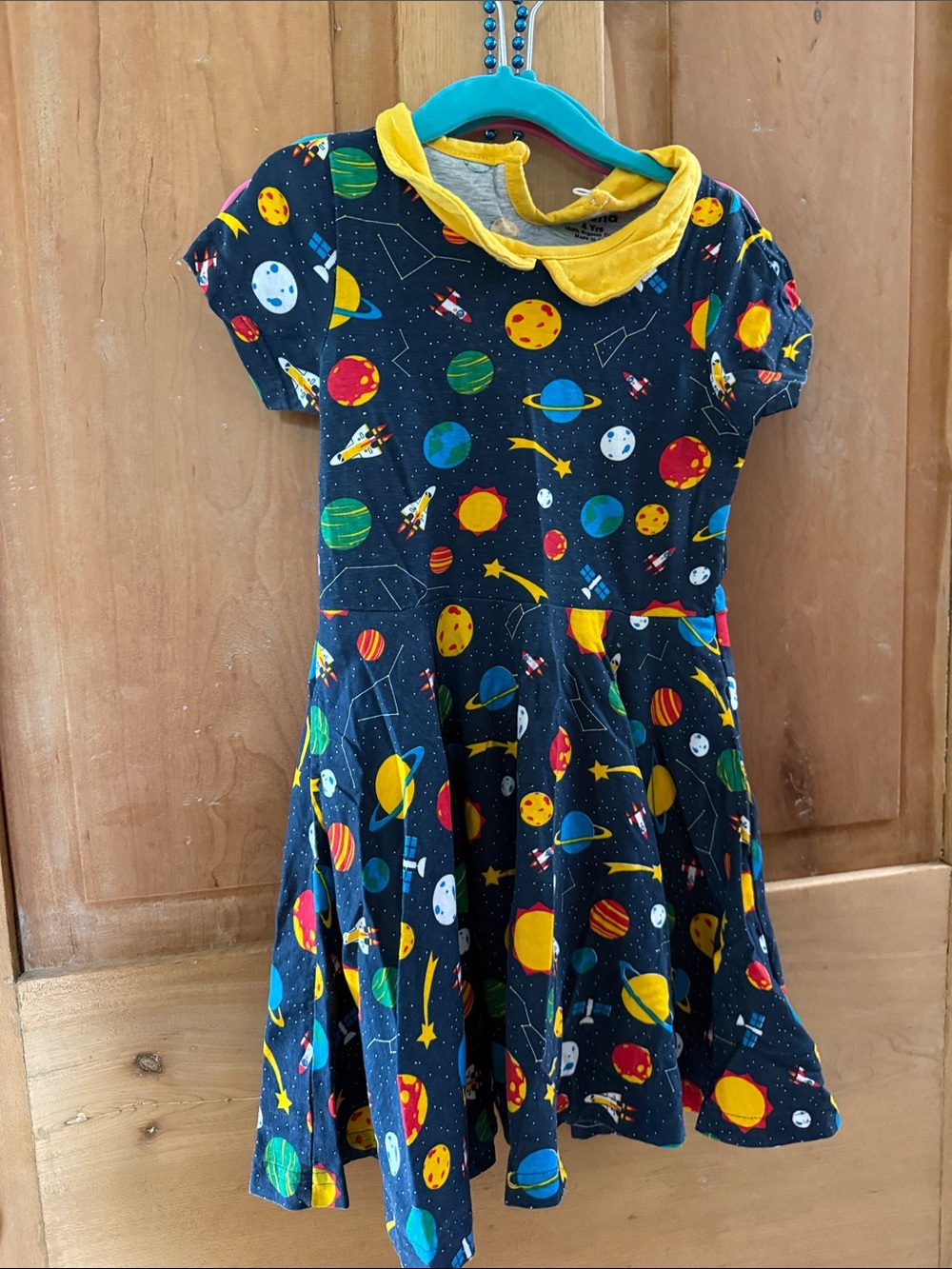 Svaha Kids Space-Print Navy Dress with Yellow Collar